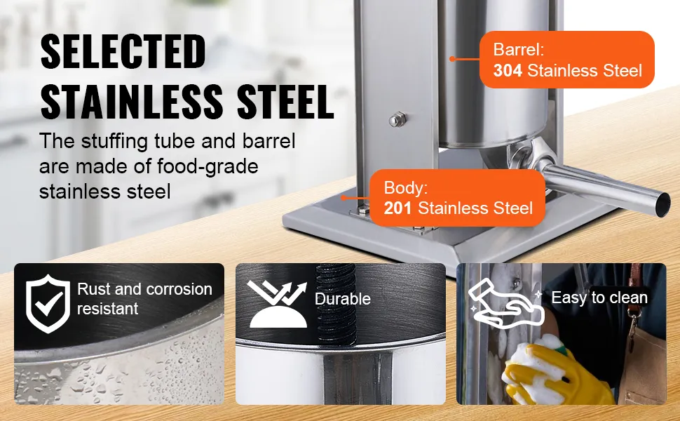 VEVOR sausage stuffer made of 304 stainless steel barrel and 201 stainless steel body, rust-resistant, durable.