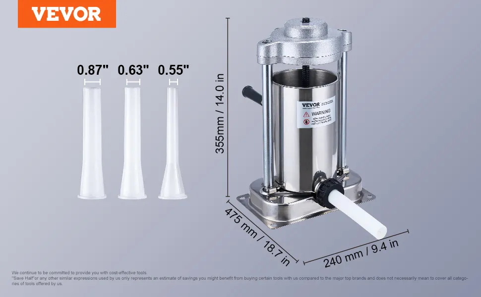 VEVOR sausage stuffer with three nozzle sizes (0.87", 0.63", 0.55") and dimensions 355mm x 475mm x 240mm.