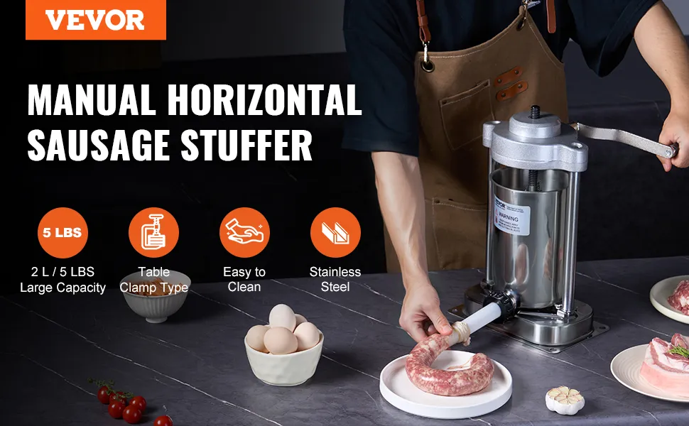 VEVOR 5 lbs manual horizontal sausage stuffer being used, with eggs and cherry tomatoes in the background.