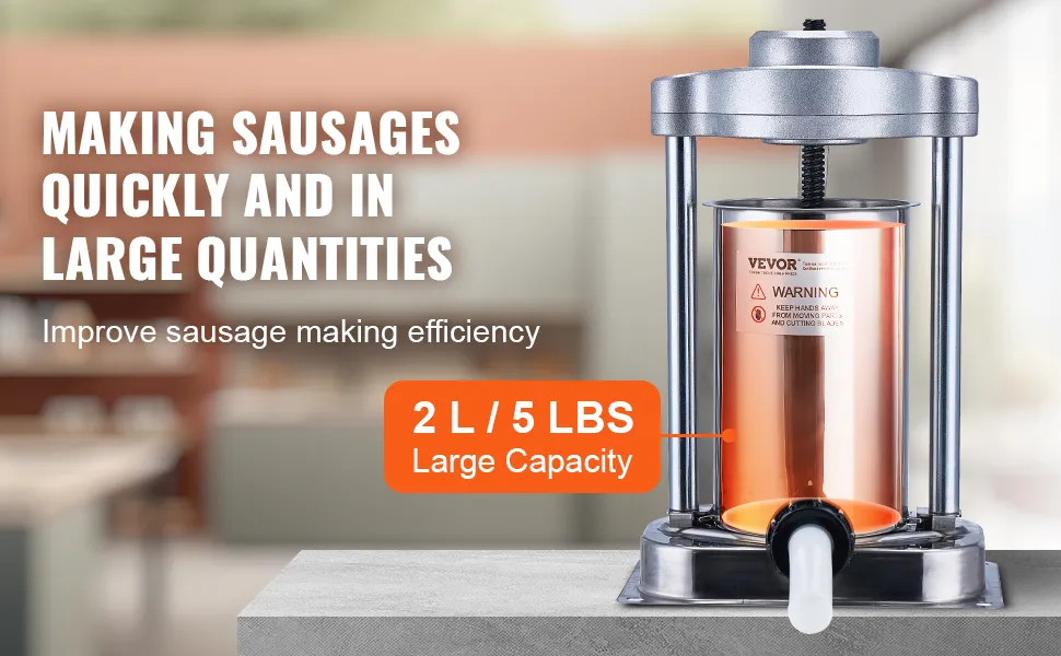 VEVOR sausage stuffer displayed with text "making sausages quickly and in large quantities."