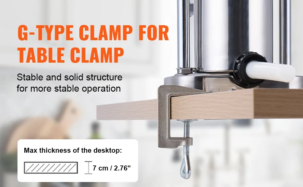 VEVOR sausage stuffer with g-type clamp for stable tabletop operation, max thickness 7 cm.