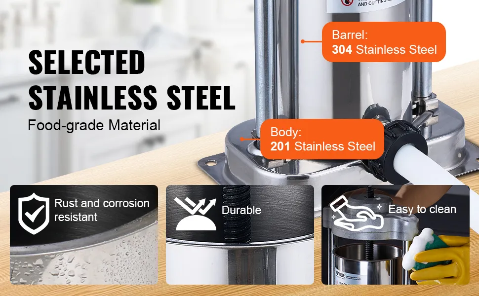 VEVOR sausage stuffer with 304 and 201 stainless steel barrel and body, rust-resistant and durable.