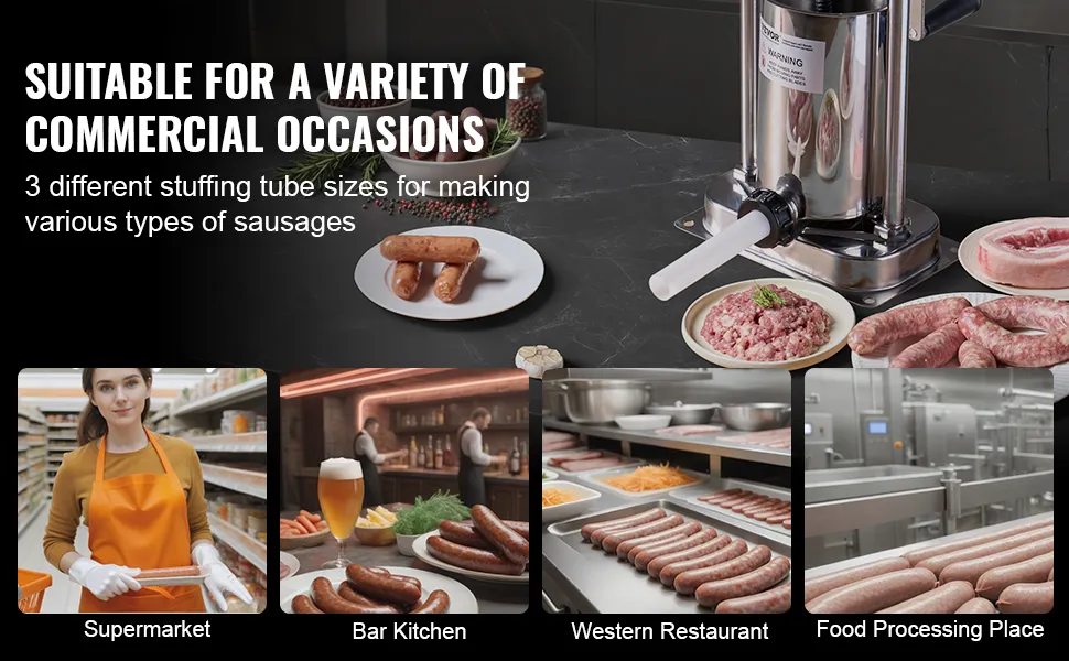 VEVOR sausage stuffer in various commercial settings with different stuffing tube sizes
