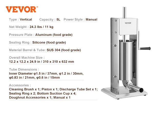 VEVOR sausage stuffer with sus 304 stainless steel body, 5l capacity, manual power, and various accessories.