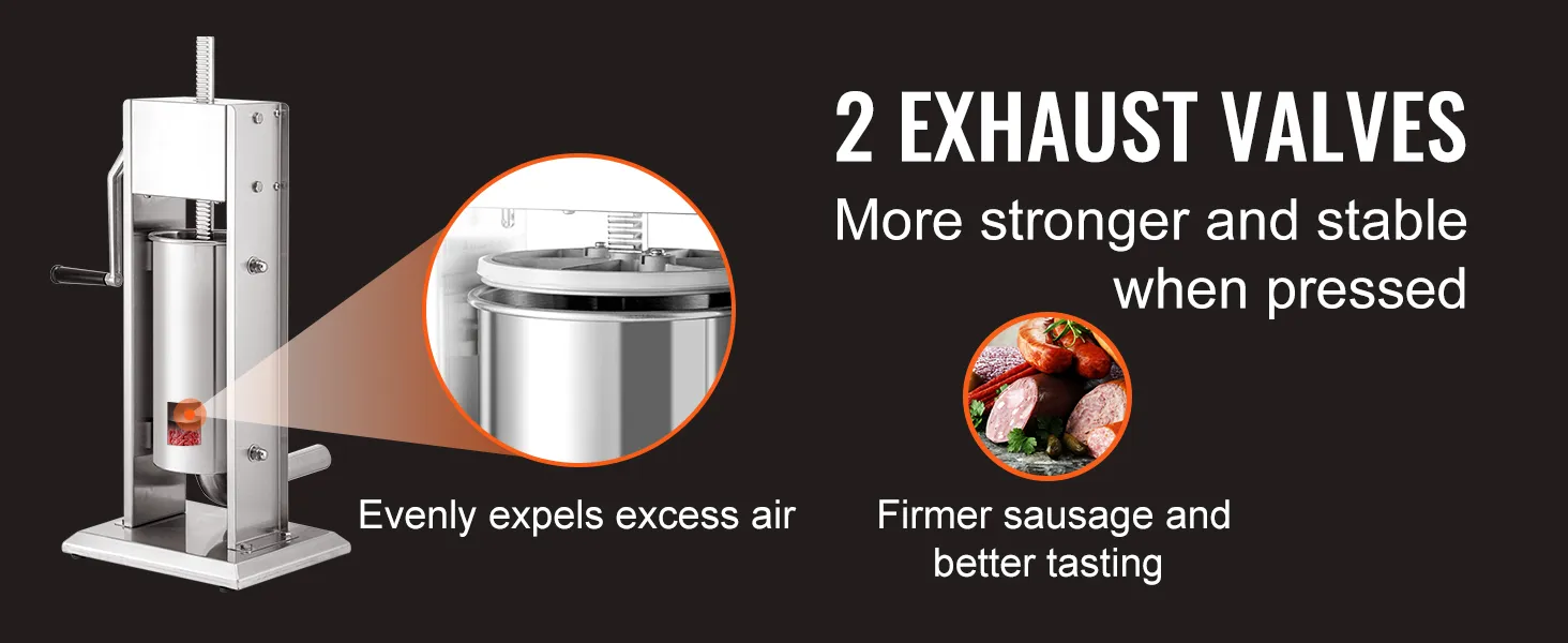 VEVOR sausage stuffer with 2 exhaust valves for even air expulsion and firmer sausages.