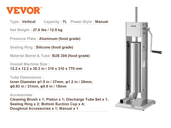 vertical VEVOR sausage stuffer with silicone sealing ring, aluminum pressure plate, and sus 304 barrel.