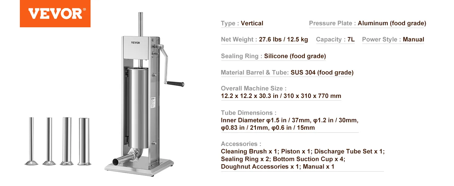 vertical VEVOR sausage stuffer with silicone sealing ring, aluminum pressure plate, and sus 304 barrel.