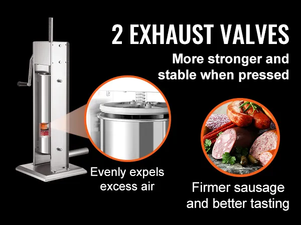 VEVOR sausage stuffer with 2 exhaust valves for firmer, better-tasting sausages, expels excess air evenly.