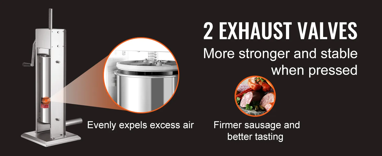 VEVOR sausage stuffer with 2 exhaust valves for firmer, better-tasting sausages, expels excess air evenly.
