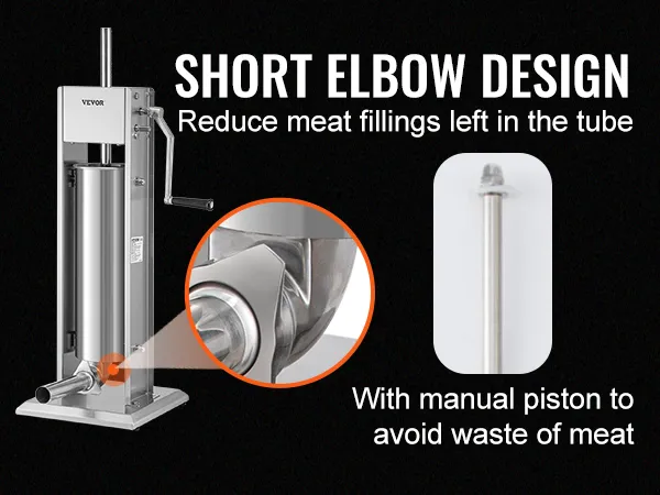 VEVOR sausage stuffer with short elbow design, manual piston, and reduced meat waste.