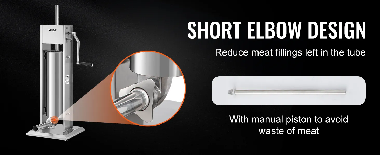 VEVOR sausage stuffer with short elbow design, manual piston, and reduced meat waste.