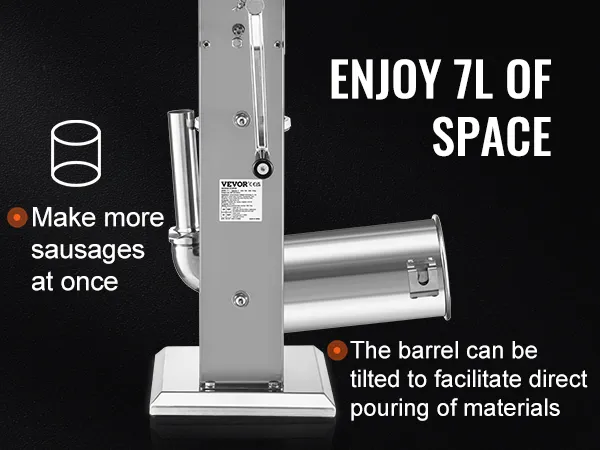 VEVOR sausage stuffer with 7l capacity, tilting barrel for easy pouring, and large sausage-making capacity.