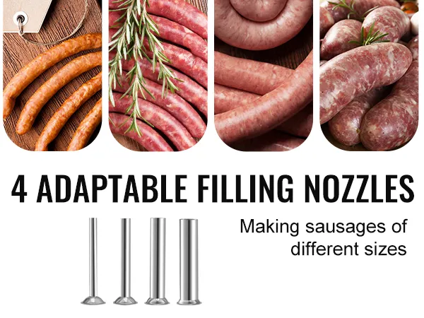 4 adaptable filling nozzles with various sausages and herbs, highlighting VEVOR sausage stuffer.