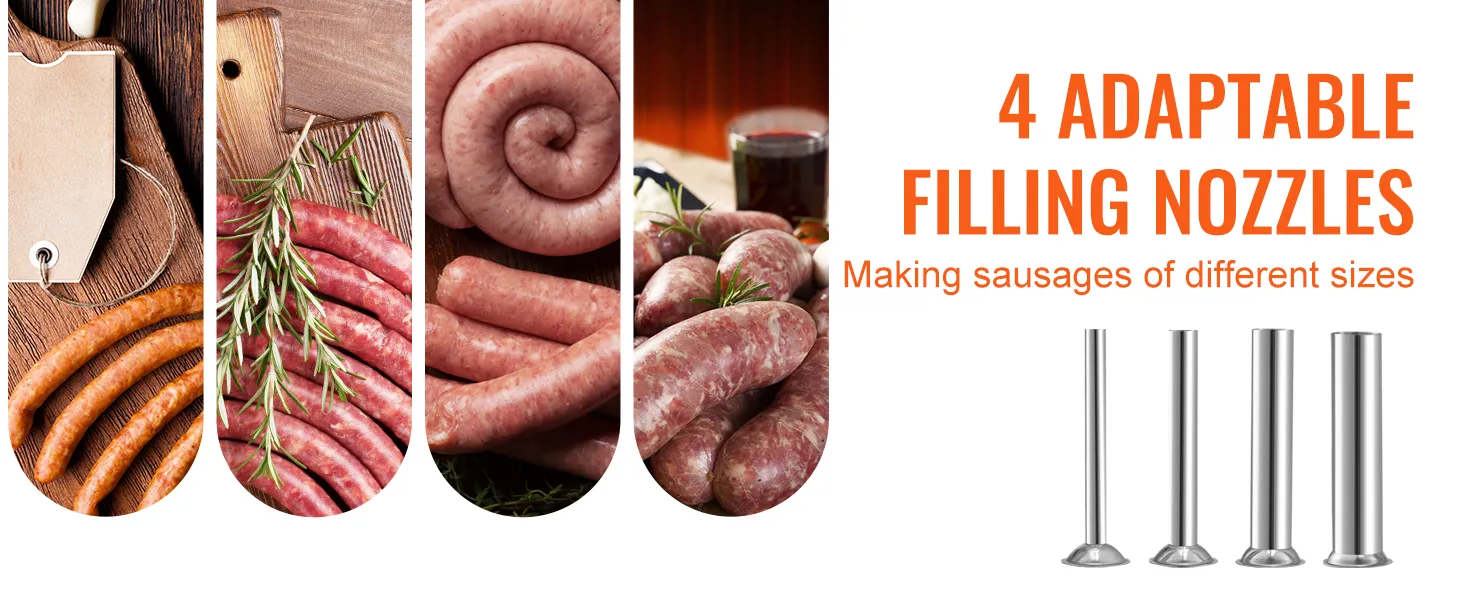 4 adaptable filling nozzles with various sausages and herbs, highlighting VEVOR sausage stuffer.