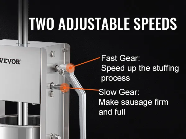 VEVOR sausage stuffer with two adjustable speeds, featuring a fast gear and a slow gear.