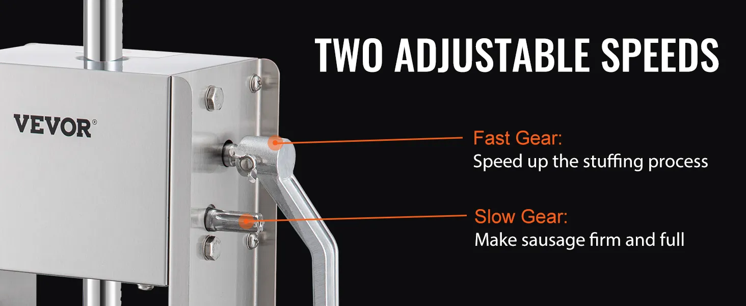 VEVOR sausage stuffer with two adjustable speeds, featuring a fast gear and a slow gear.