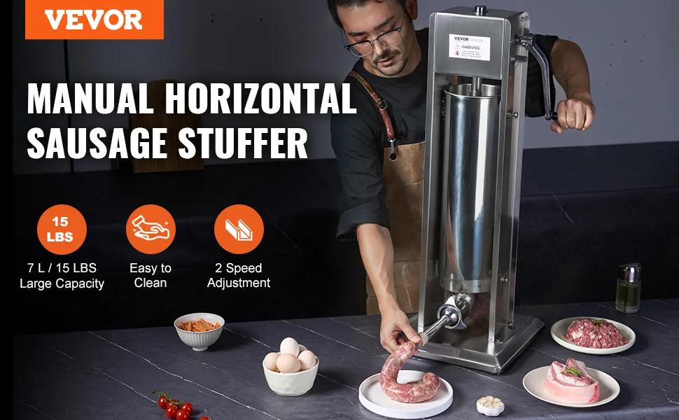 VEVOR sausage stuffer being used with raw meat on plates, eggs, and spices on a kitchen counter.