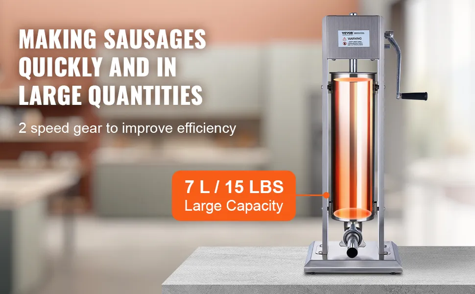 VEVOR sausage stuffer in kitchen; 7l/15lbs capacity with 2-speed gear for efficient sausage making.
