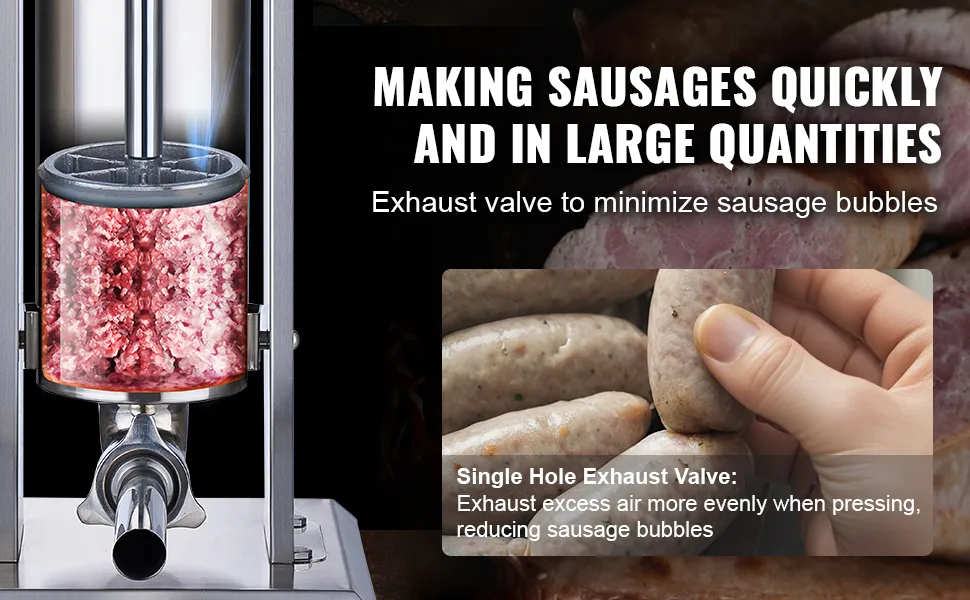VEVOR sausage stuffer with single hole exhaust valve for quick sausage making, reducing air bubbles.