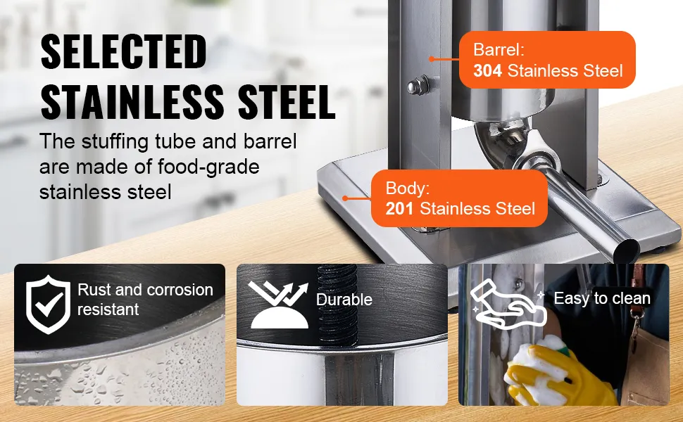 VEVOR sausage stuffer made of food-grade stainless steel, rust-resistant, durable, easy to clean.