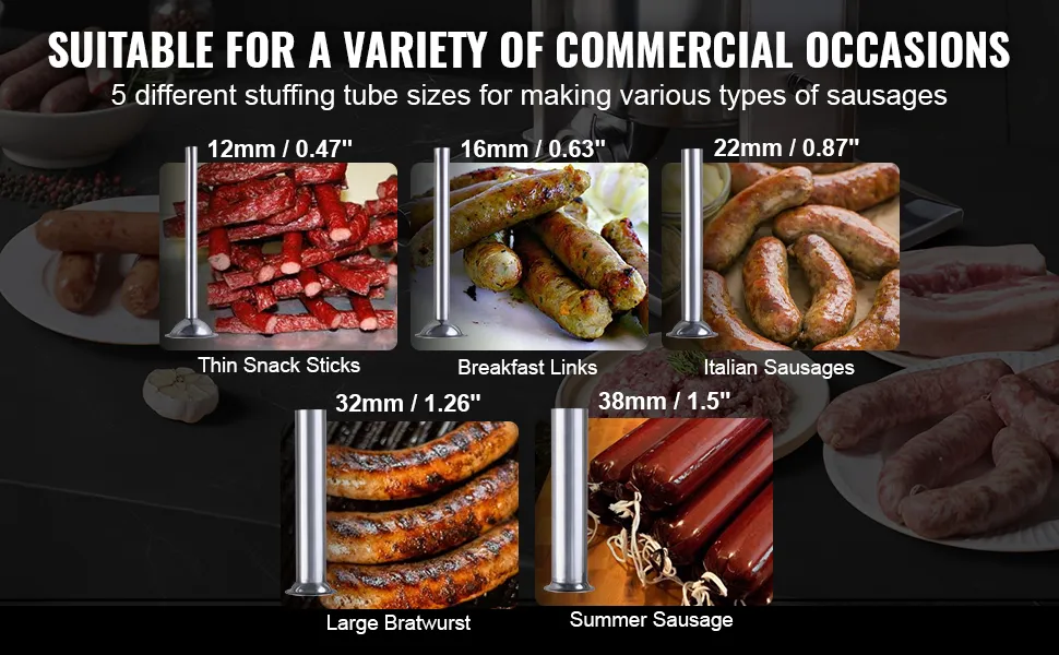 VEVOR sausage stuffer with 5 stuffing tube sizes for snack sticks, breakfast links, and various sausages.