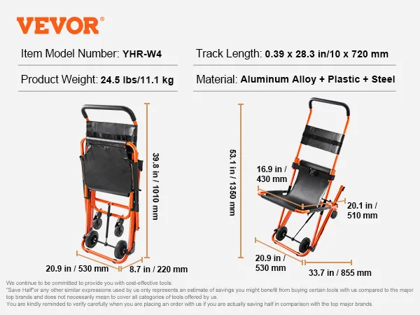 VEVOR emergency stair chair, model yhr-w4, aluminum and steel, foldable, 24.5 lbs, 53.1 inches expanded.