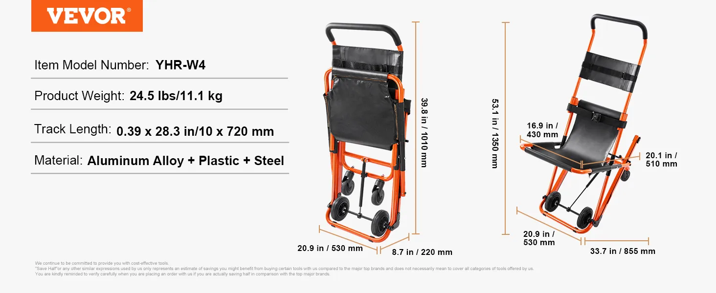 VEVOR emergency stair chair, model yhr-w4, aluminum and steel, foldable, 24.5 lbs, 53.1 inches expanded.