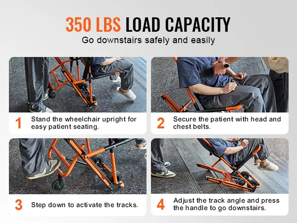 VEVOR emergency stair chair with 350 lbs load capacity and 4-step guide for safe patient transport.