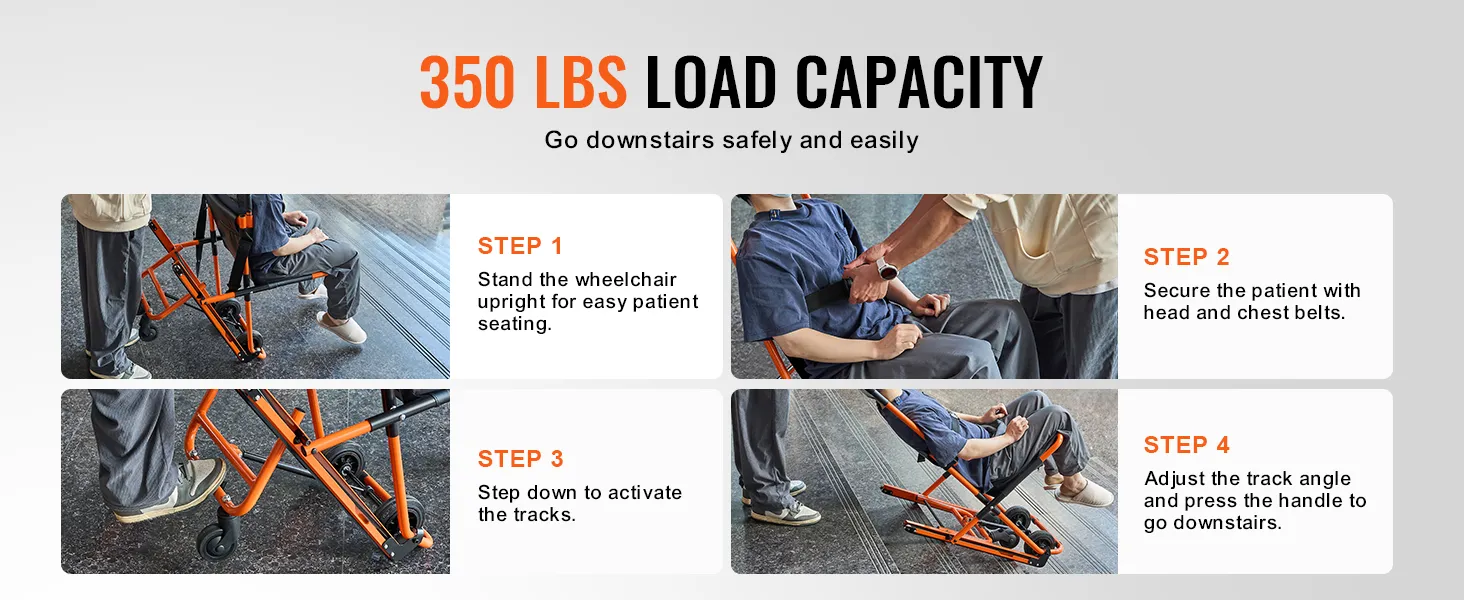 VEVOR emergency stair chair with 350 lbs load capacity and 4-step guide for safe patient transport.