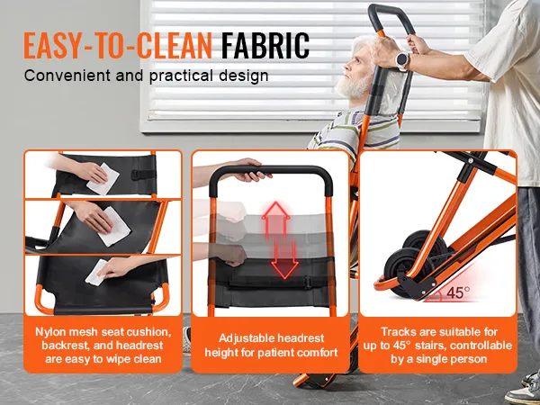 VEVOR emergency stair chair with easy-to-clean fabric, nylon seat cushion, adjustable headrest, and 45° tracks.