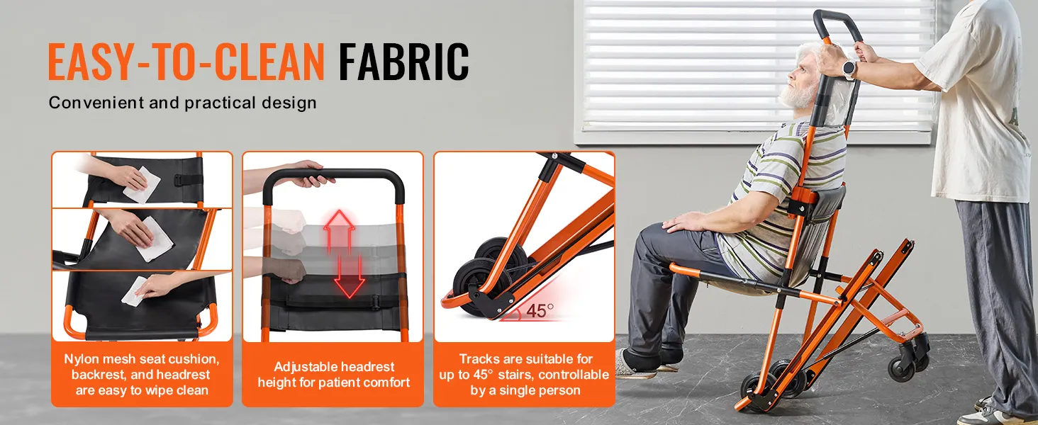 VEVOR emergency stair chair with easy-to-clean fabric, nylon seat cushion, adjustable headrest, and 45° tracks.