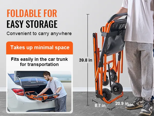 VEVOR emergency stair chair folded for easy storage, fits in car trunk for convenient transportation.