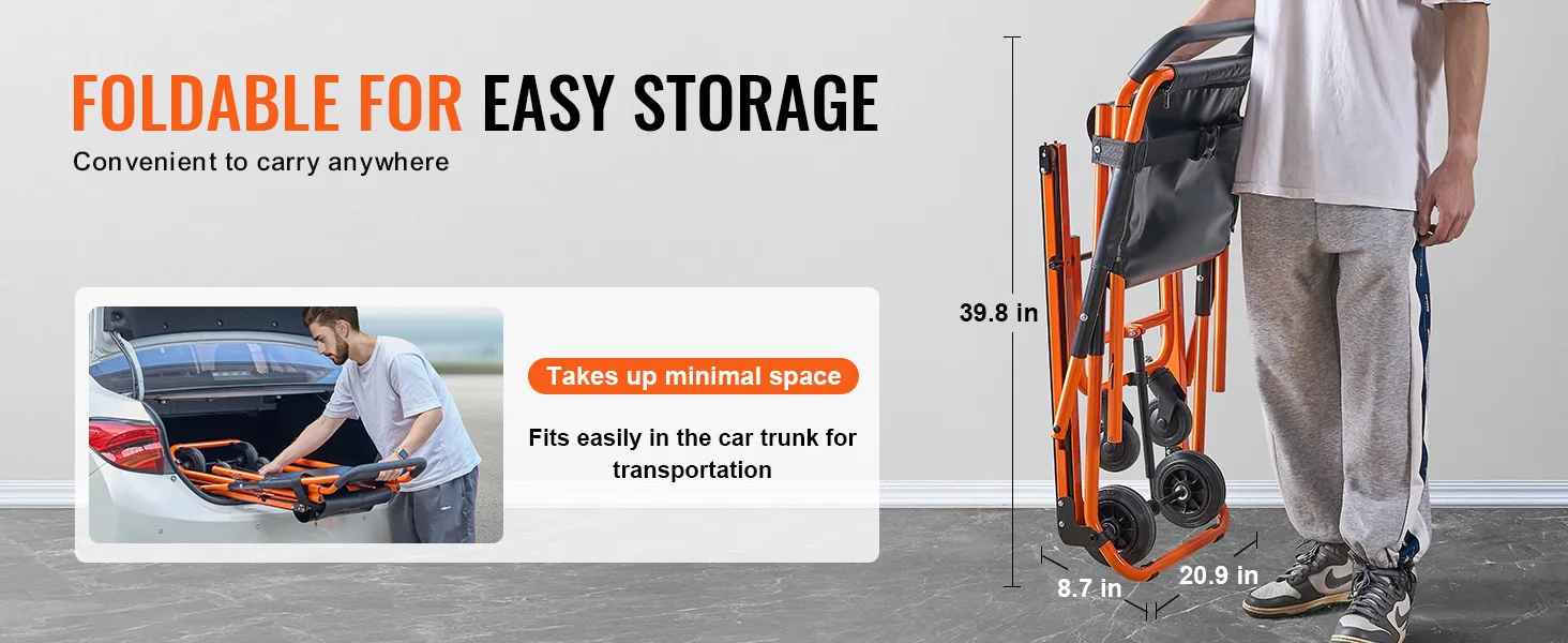 VEVOR emergency stair chair folded for easy storage, fits in car trunk for convenient transportation.
