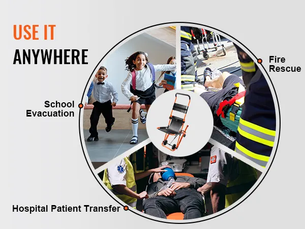 VEVOR emergency stair chair for school evacuation, fire rescue, and patient transfer use.
