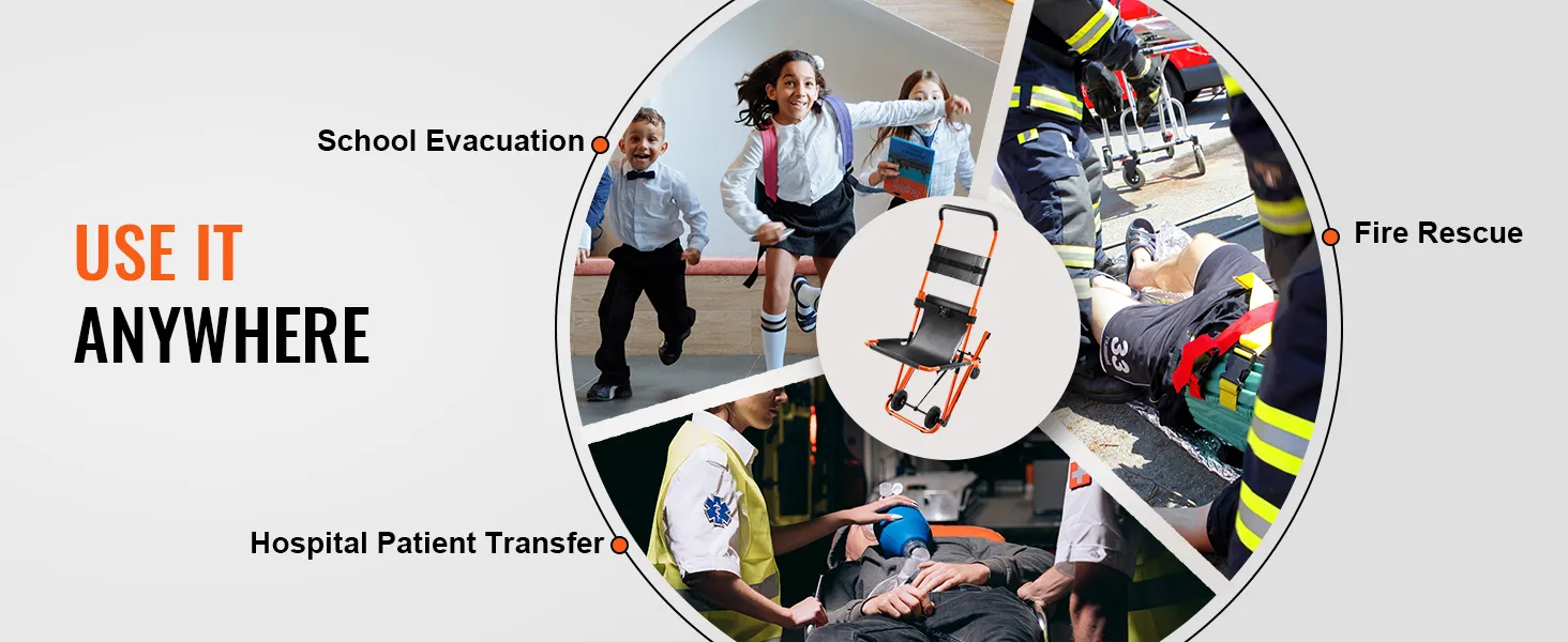 VEVOR emergency stair chair for school evacuation, fire rescue, and patient transfer use.