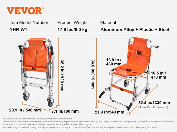 VEVOR ems stair chair yhr-w1, 17.6 lbs, aluminum alloy, plastic, and steel, dimensions listed.
