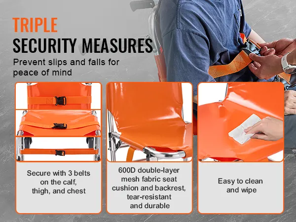 VEVOR ems stair chair: triple security measures with belts, durable mesh fabric, and easy-to-clean surface.