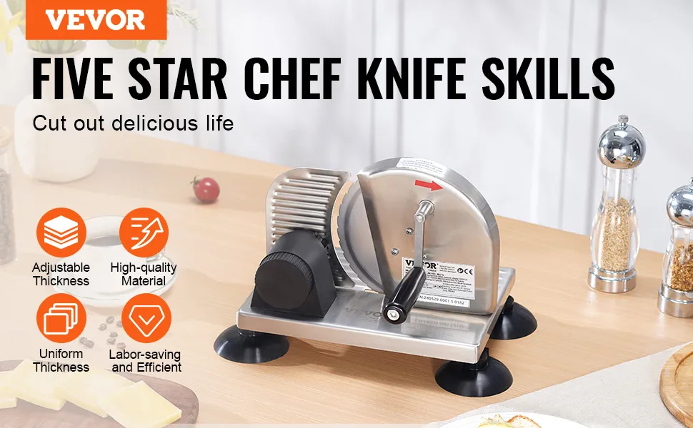 Cortadora de pan VEVOR para encimera de cocina con grosor ajustable, material de alta calidad y características de eficiencia.