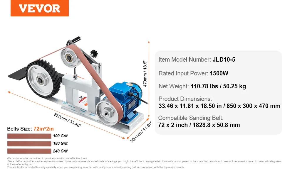 Smerigliatrice a nastro VEVOR con nastri da 72x2 pollici, modello jld10-5, 1500 W, dimensioni 33,46x11,81x18,50 pollici.