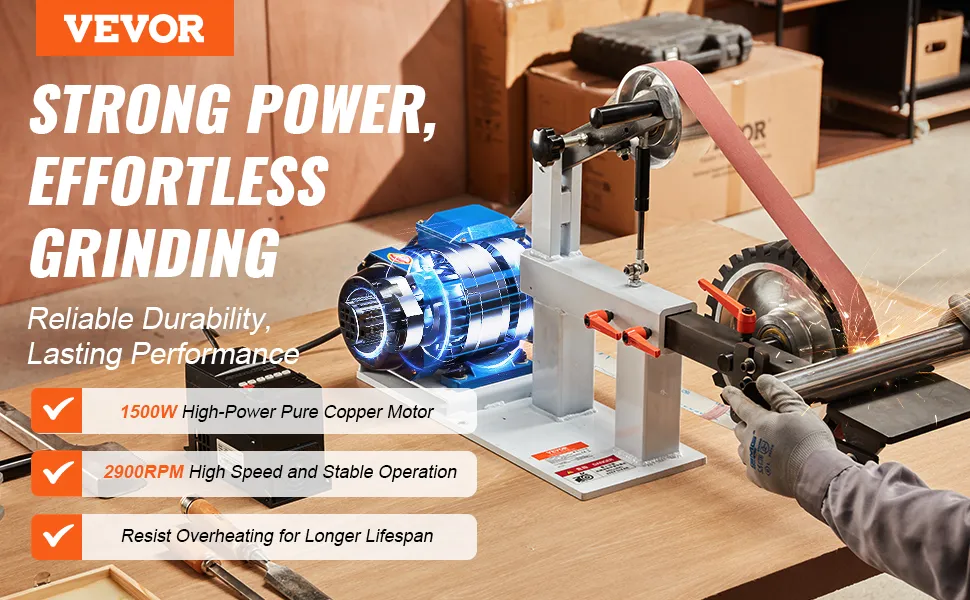 Smerigliatrice a nastro VEVOR con motore in rame puro da 1500 W, velocità di 2900 giri/min e resistenza al surriscaldamento.