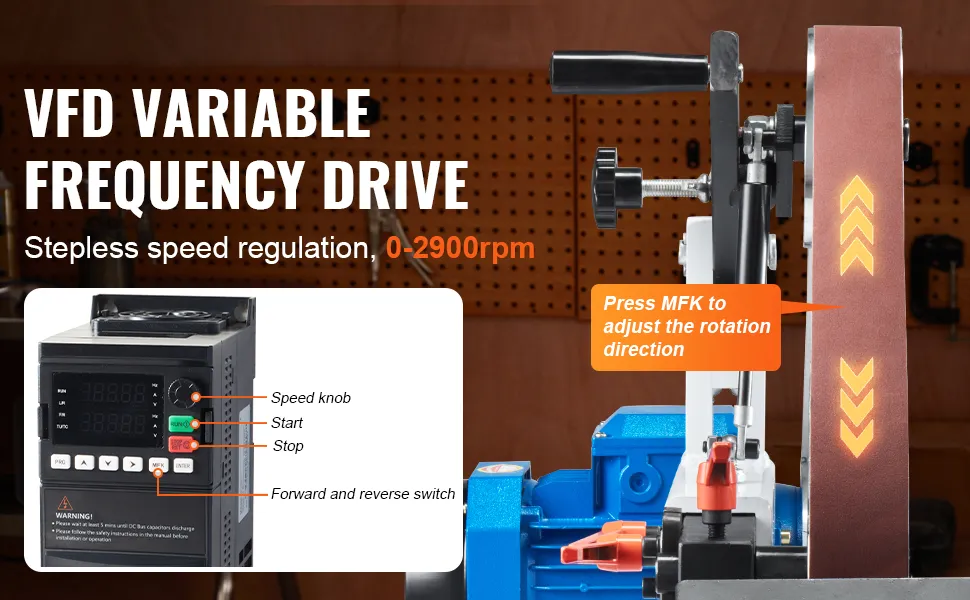 Azionamento a frequenza variabile VFD su smerigliatrice a nastro VEVOR con controllo della velocità e regolazione del senso di rotazione.