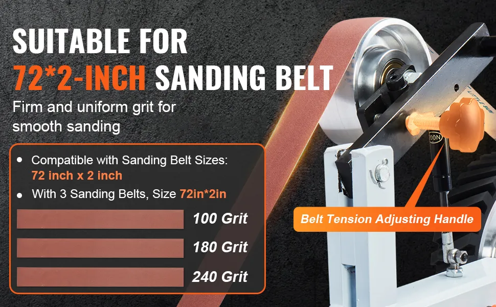 Smerigliatrice a nastro VEVOR con nastro abrasivo da 72x2 pollici, grana 100/180/240 e impugnatura di regolazione della tensione.