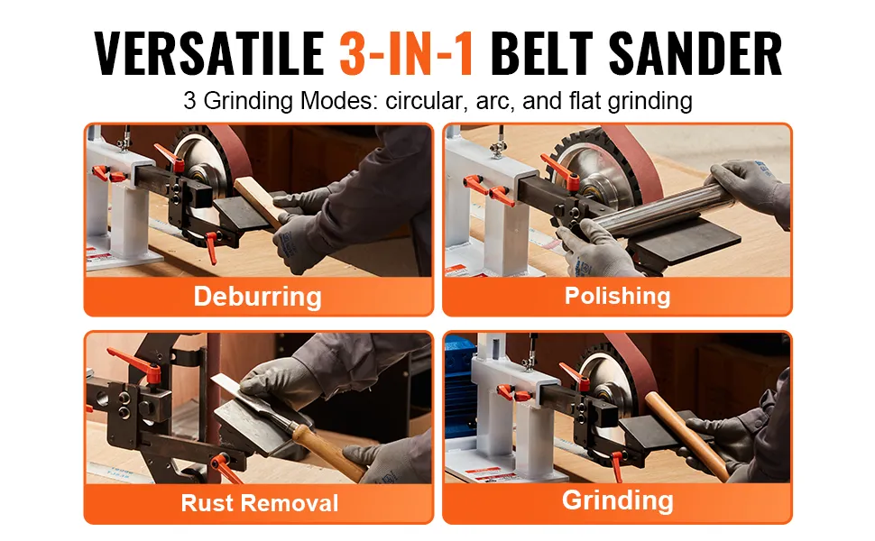La smerigliatrice a nastro VEVOR presenta una funzionalità 3 in 1: sbavatura, lucidatura, rimozione della ruggine e molatura.