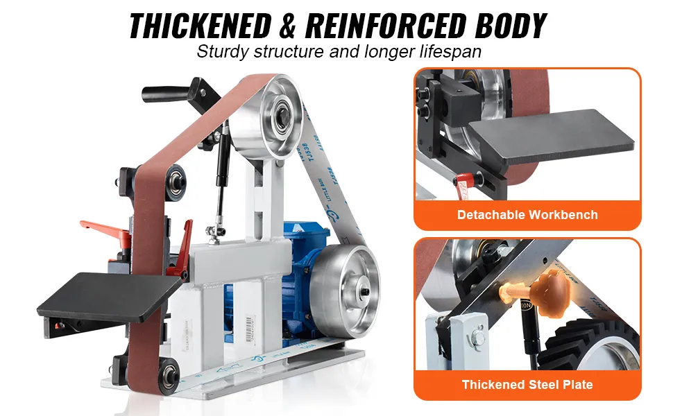 Smerigliatrice a nastro VEVOR con corpo rinforzato e ispessito, banco di lavoro staccabile e piastra in acciaio ispessita.