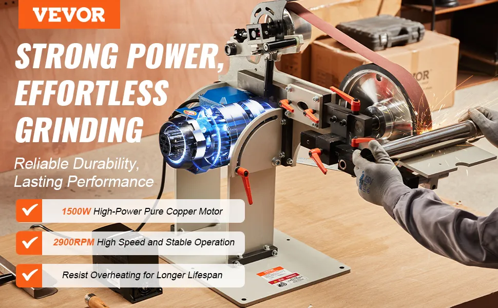 VEVOR belt grinder in use, showcasing strong power, durability, and high-speed operation with sparks.