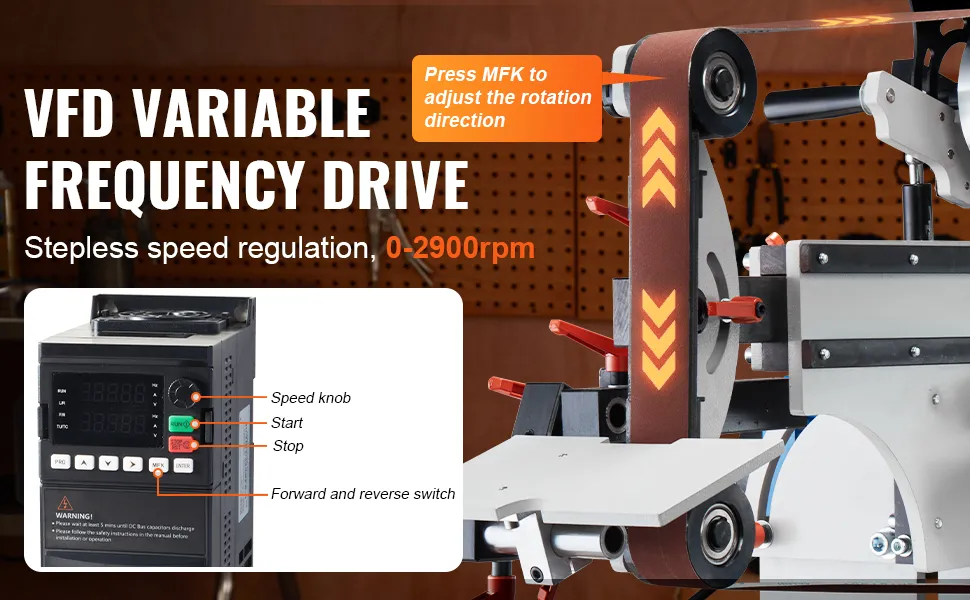 VEVOR belt grinder with vfd variable frequency drive, stepless speed regulation from 0-2900 rpm.