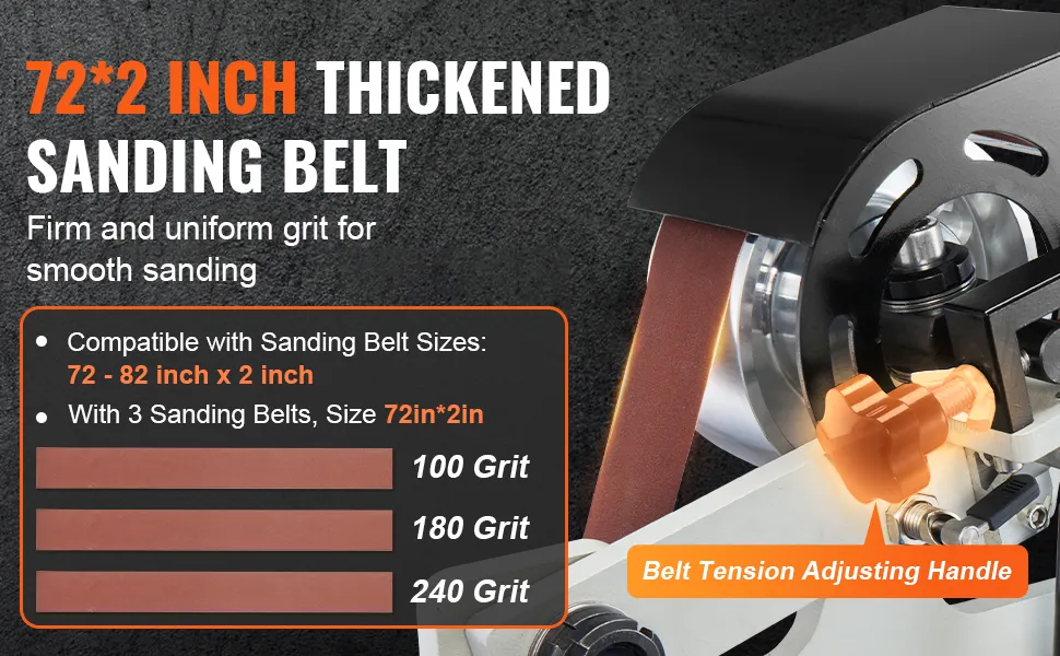 VEVOR belt grinder 72*2 inch sanding belt, 100/180/240 grit, includes belt tension adjusting handle.