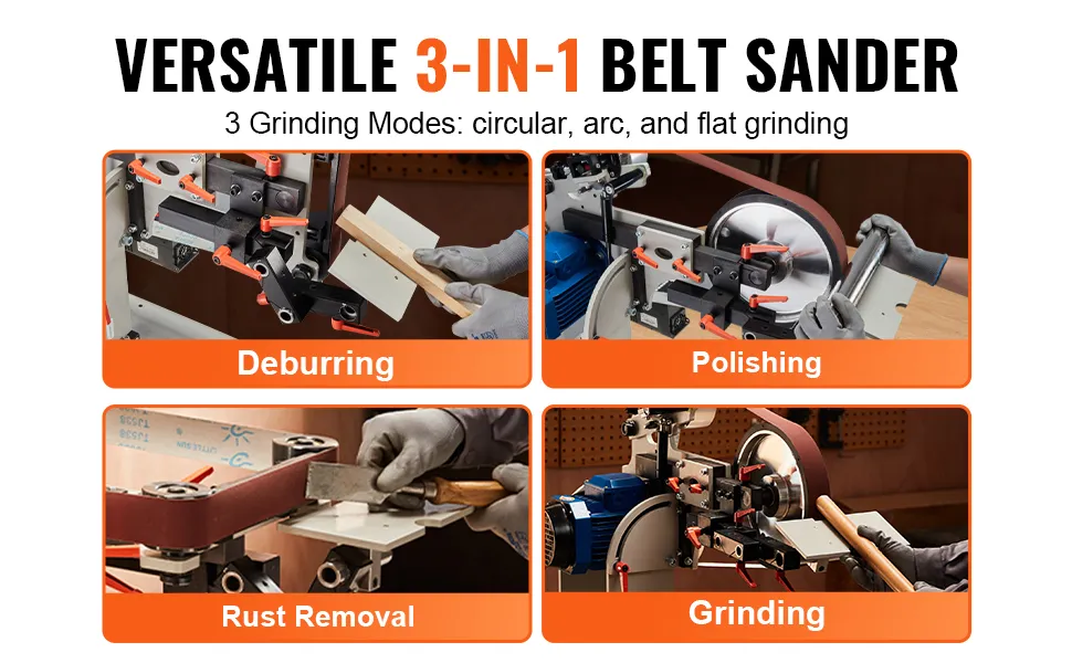 VEVOR belt grinder with 3 grinding modes: deburring, polishing, rust removal, and grinding.