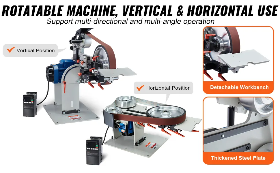 VEVOR belt grinder in vertical and horizontal positions, featuring a detachable workbench and thickened steel plate.