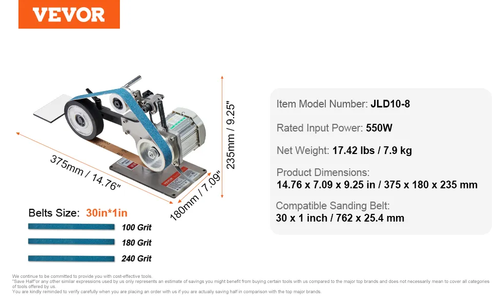 Levigatrice a nastro VEVOR modello JLD10-8 con motore da 550 W, nastri abrasivi compatibili da 30x1 pollice e opzioni di grana 100-240.